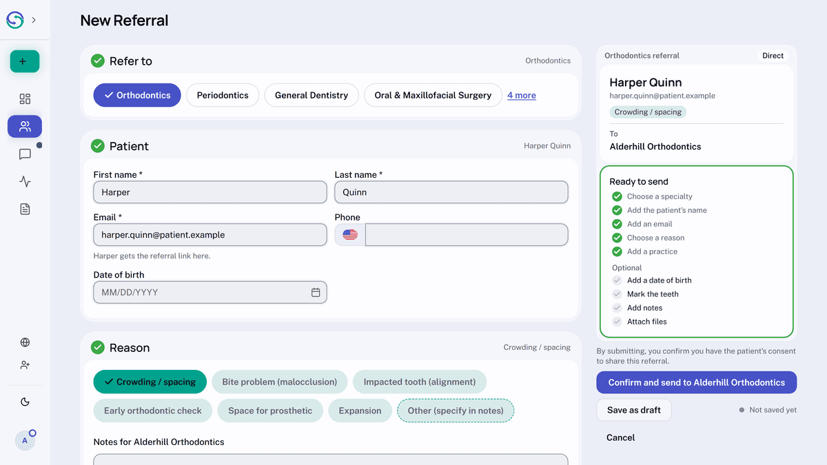 The New Referral form for an orthodontics referral to Alderhill Orthodontics, in short sections. Beside it, the summary shows the referral as it will read, says Ready to send, and its button reads Confirm and send to Alderhill Orthodontics.