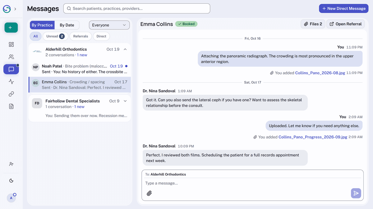 The Messages page grouped By Practice, with one practice expanded to show its two conversations. The open conversation shows its messages grouped by date, two shared files, and the message box at the bottom.