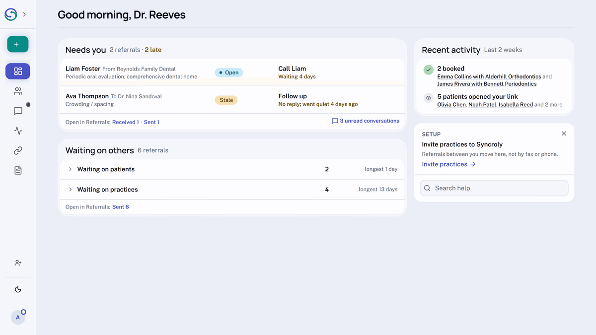 The Overview, greeting the provider by name. Needs you lists the referrals waiting on the practice, each with its status and next step. Below it, Waiting on others counts the referrals waiting on patients and on practices. Beside them, Recent activity lists recent bookings and opened links.