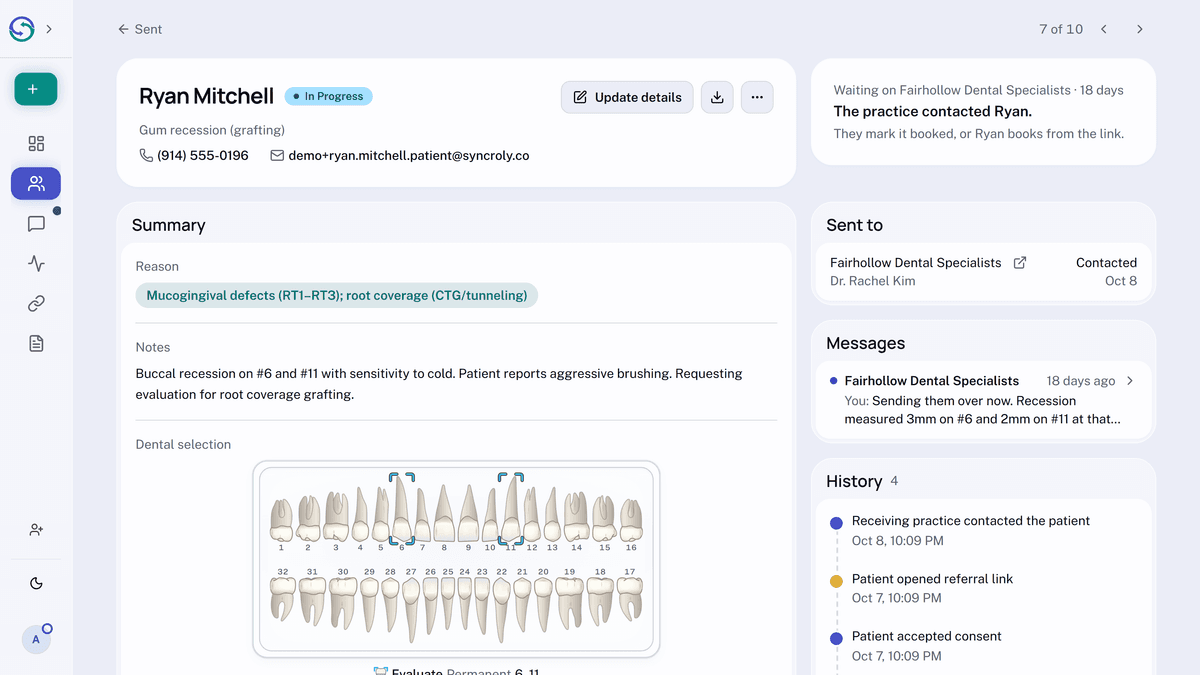 A sent referral open on its own page, with arrows at the top to move to the previous or next referral. Beside the patient, a card says the referral is waiting on the receiving practice, which has contacted the patient. Below it, Sent to shows the practice as Contacted, and Messages shows the latest message with that practice.