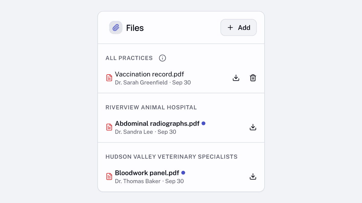 A sent referral Files card with an Add button and three groups: All practices, Riverview Animal Hospital, and Hudson Valley Veterinary Specialists. The practice files are bold with unopened dots, and each file has a download control.