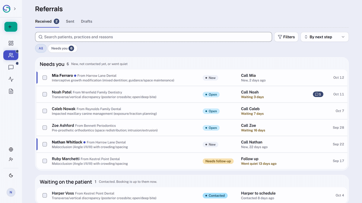 The Referrals page open on the Received tab, beside the Sent and Drafts tabs, with a search box and the quick filters All and Needs you. The Needs you tray lists the referrals waiting on the practice, each with its status and its next step, such as a call to make.