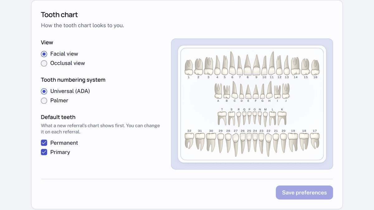 The Tooth chart card in settings, with Facial view selected under View, Universal (ADA) under Tooth numbering system, and Permanent and Primary ticked under Default teeth. Beside the options, a preview draws the teeth from the front with their roots, numbered permanent teeth in the outer rows and lettered primary teeth in the inner rows.