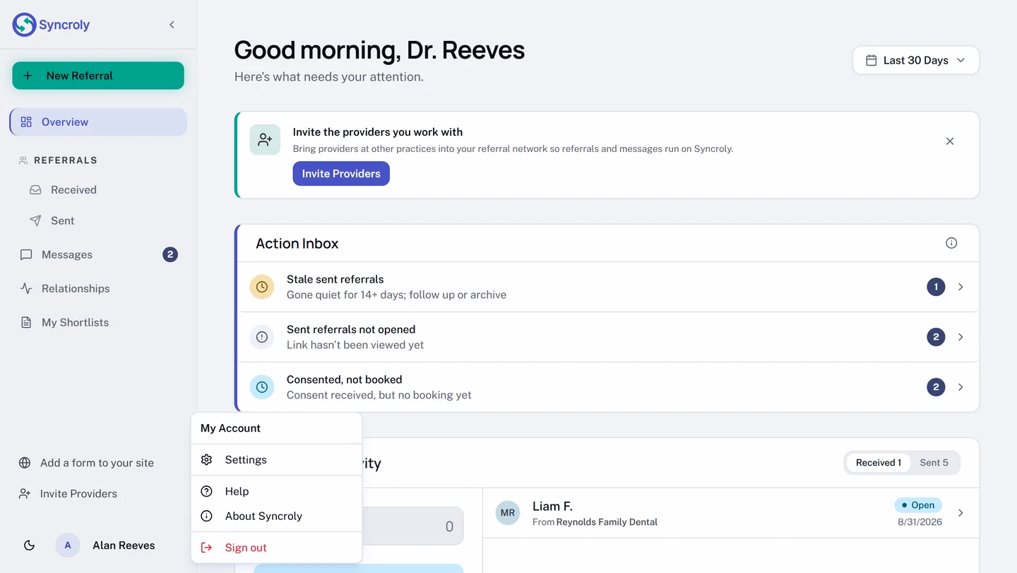 The account menu open from the name at the bottom of the desktop sidebar. It is headed My Account and offers Settings, Help, About Syncroly, and Sign out.