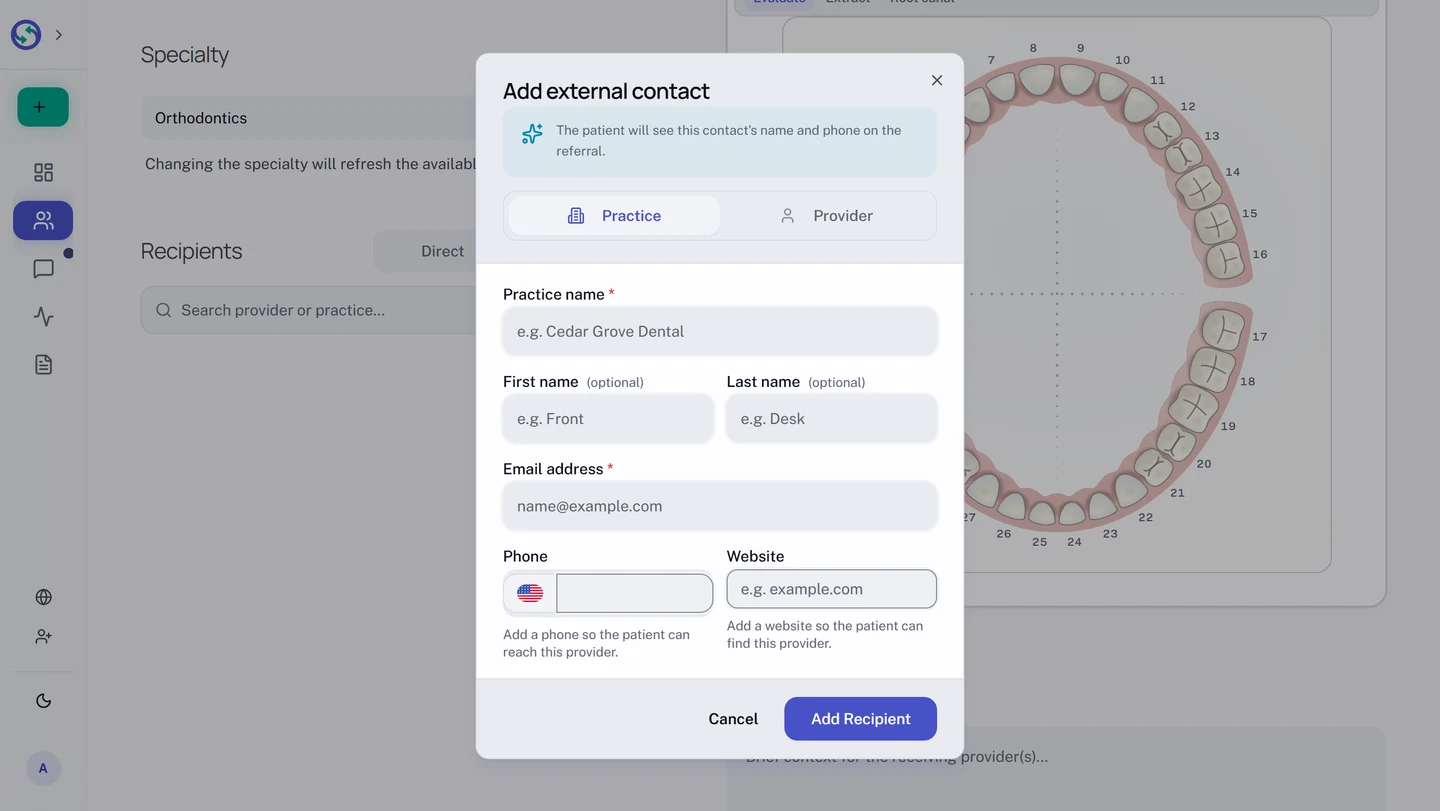 The Add external contact dialog in its Practice mode, with a note that the patient will see this contact name and phone on the referral, a Practice and Provider choice, a required practice name and email address, optional first and last name, and optional phone and website fields whose hints explain that the phone lets the patient reach this provider and the website lets them find it.