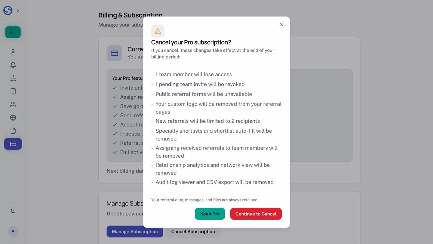 The dialog headed Cancel your Pro subscription, saying the changes take effect at the end of the billing period and listing them: one team member will lose access, one pending team invite will be revoked, public referral forms will be unavailable, the custom logo will be removed from referral pages, new referrals will be limited to 2 recipients, and shortlists, assignment, relationship analytics, and the audit log viewer with CSV export will be removed. A line below says referral data, messages, and files are always retained, and the buttons are Keep Pro and Continue to Cancel.