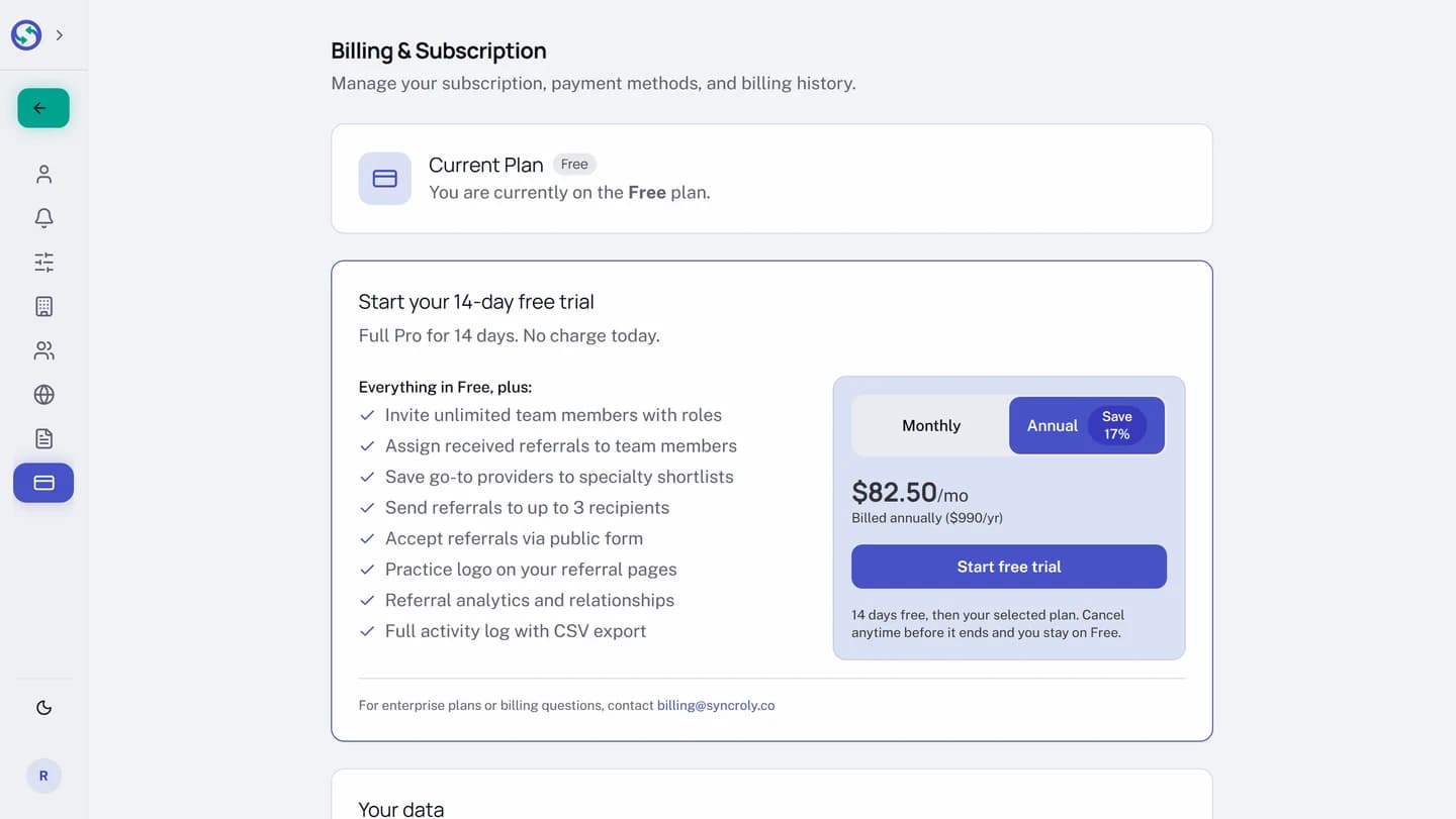 The billing page of a practice on the Free plan. A Current Plan row carries a Free badge, and below it an offer panel titled Start your 14-day free trial lists the eight Pro features beside a price box. The box holds a Monthly and Annual toggle with Annual selected and marked Save 17%, the annual price per month with a line reading it is billed annually, a Start free trial button, and a note that it is 14 days free, then the selected plan, cancellable before it ends to stay on Free.