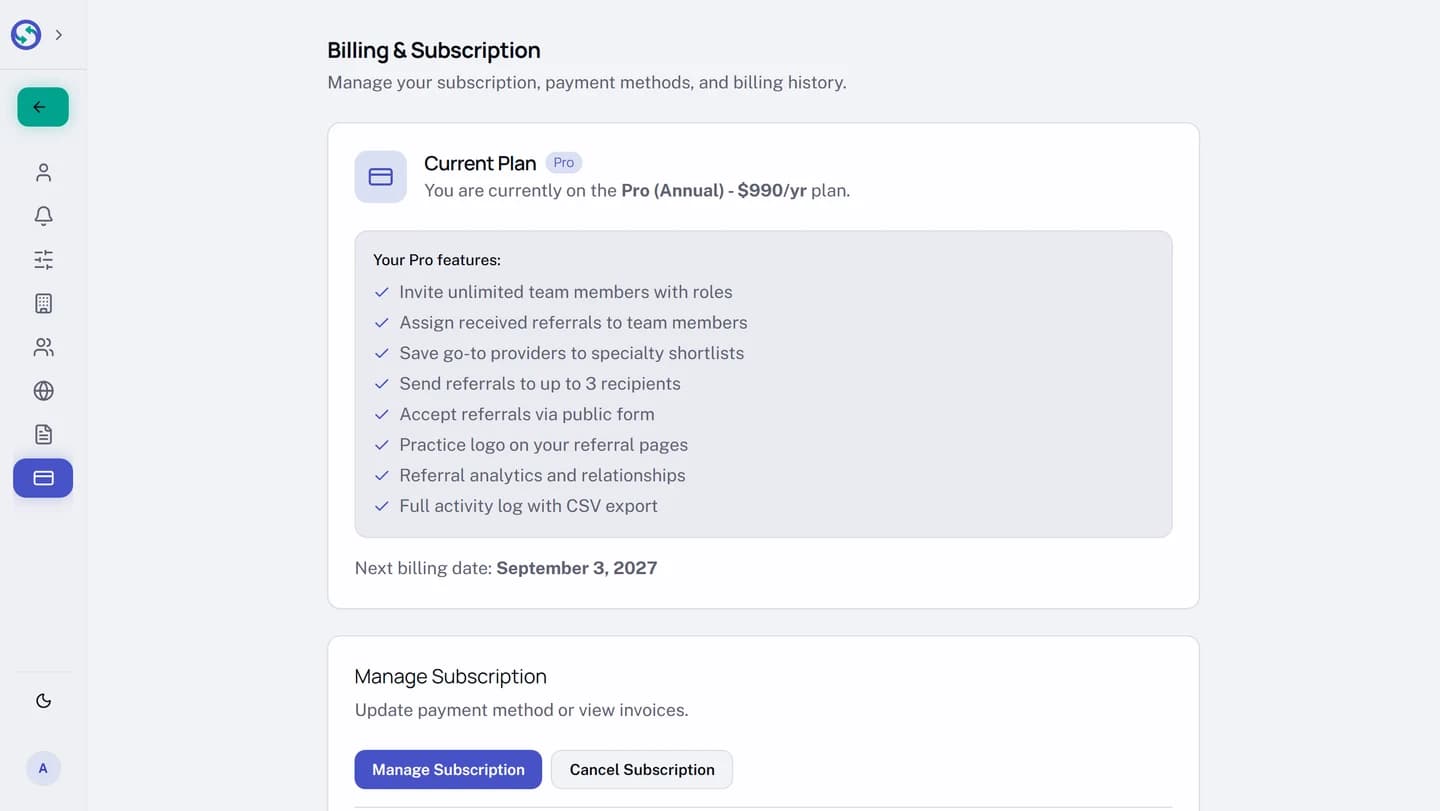 The billing page of a practice on Pro. The Current Plan card carries a Pro badge, names the annual plan and its price, lists the eight Pro features, and ends with a Next billing date line. Below it, a Manage Subscription section described as update payment method or view invoices offers a Manage Subscription button and a Cancel Subscription button.