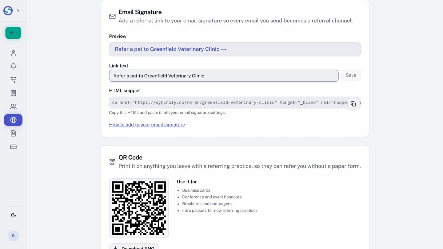 The Email Signature card at a veterinary practice, from its heading down. The Preview box and the Link text field both read Refer a pet to Greenfield Veterinary Clinic, rather than the wording a dental practice starts with, and the HTML snippet and the QR Code card below carry the same link.