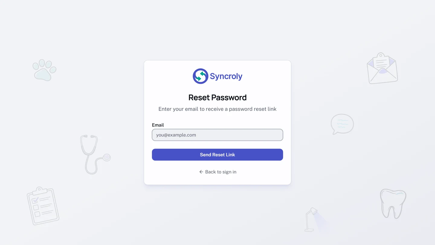 The Reset Password page, headed by a line about entering your email to receive a password reset link. It holds one Email field, a Send Reset Link button, and a Back to sign in link.