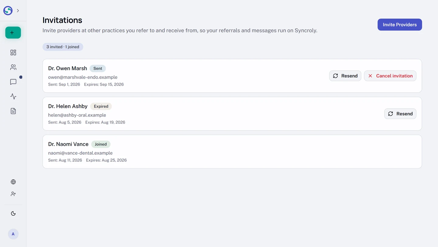 The Invitations page, with an Invite Providers button in the corner and a summary reading 3 invited and 1 joined. Three rows follow, each naming a provider with their email and the dates the invitation was sent and expires. The first is marked Sent and offers Resend and Cancel invitation; the second is marked Expired and offers Resend alone; the third is marked Joined and offers nothing, because that provider is already on Syncroly.