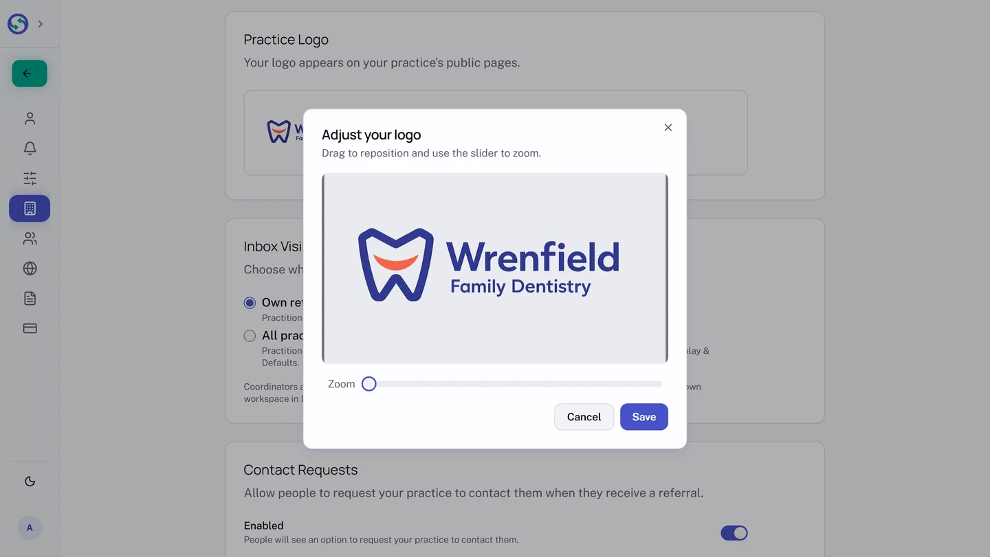 The Adjust your logo dialog, saying to drag to reposition and use the slider to zoom. The chosen image fills a crop frame above a Zoom slider, with Cancel and Save at the foot.