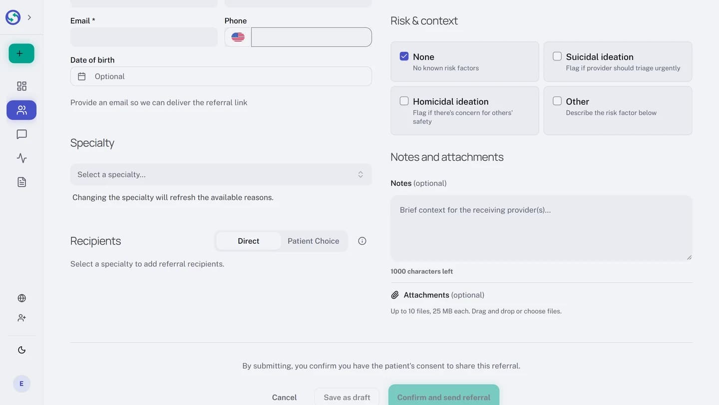 The Risk and context block on a mental health referral form as it opens, with None selected and no risk factor marked. It offers four checkboxes, each with its purpose beside it: None for no known risk factors, Suicidal ideation to flag urgent triage, Homicidal ideation to flag concern for others, and Other, which asks for a description below.