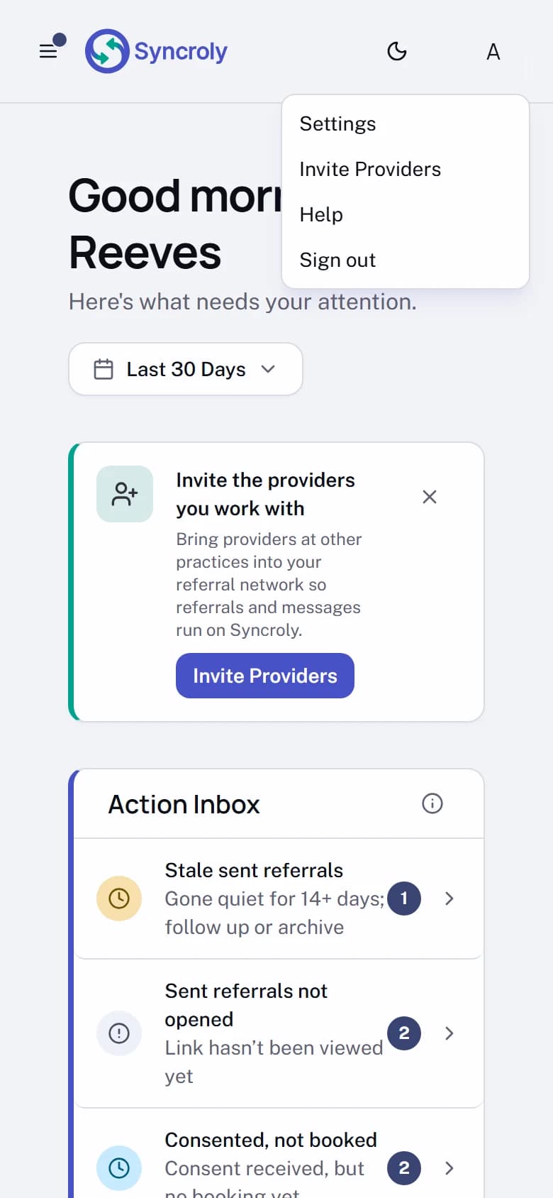 The bar across the top of a phone screen, with the menu button and its unread dot at the left and the signed-in initial at the right. The account menu is open under the initial, offering Settings, Invite Providers, Help, and Sign out over the Overview page.