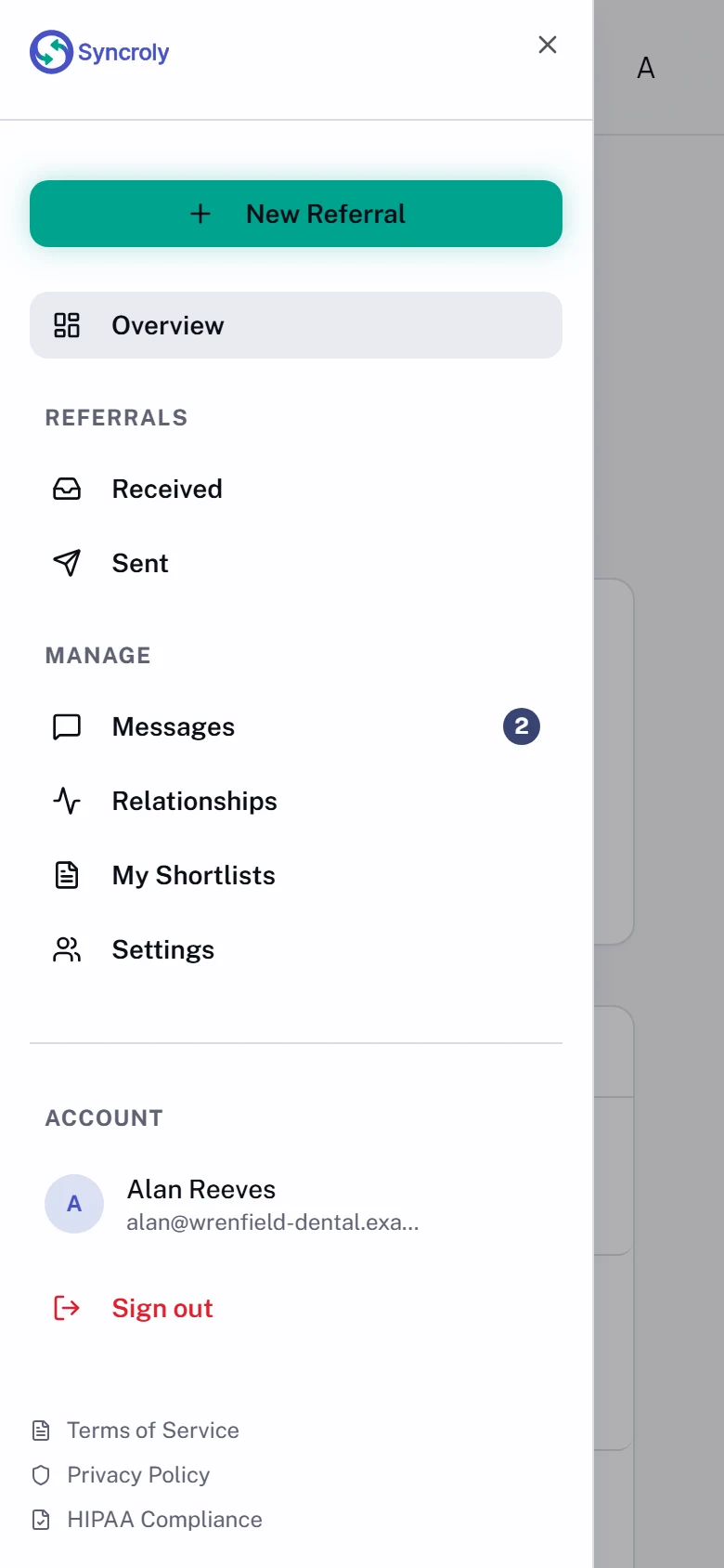 The navigation drawer open on a phone, over the Overview page. It lists New Referral and Overview, then Received and Sent under Referrals, then Messages with its unread count, Relationships, My Shortlists, and Settings under Manage, then the signed-in name and Sign out under Account.