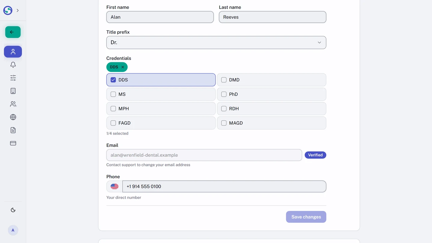 The Personal Info card on Profile & Security. First name and Last name are filled in, Title prefix is set to Dr., and a Credentials picker of eight dental qualifications has DDS ticked and shows it as a removable pill above the list, with a count reading 1/4 selected. Below them the sign-in Email is read-only and marked Verified, with a line saying to contact support to change it, then Phone and a Save changes button.