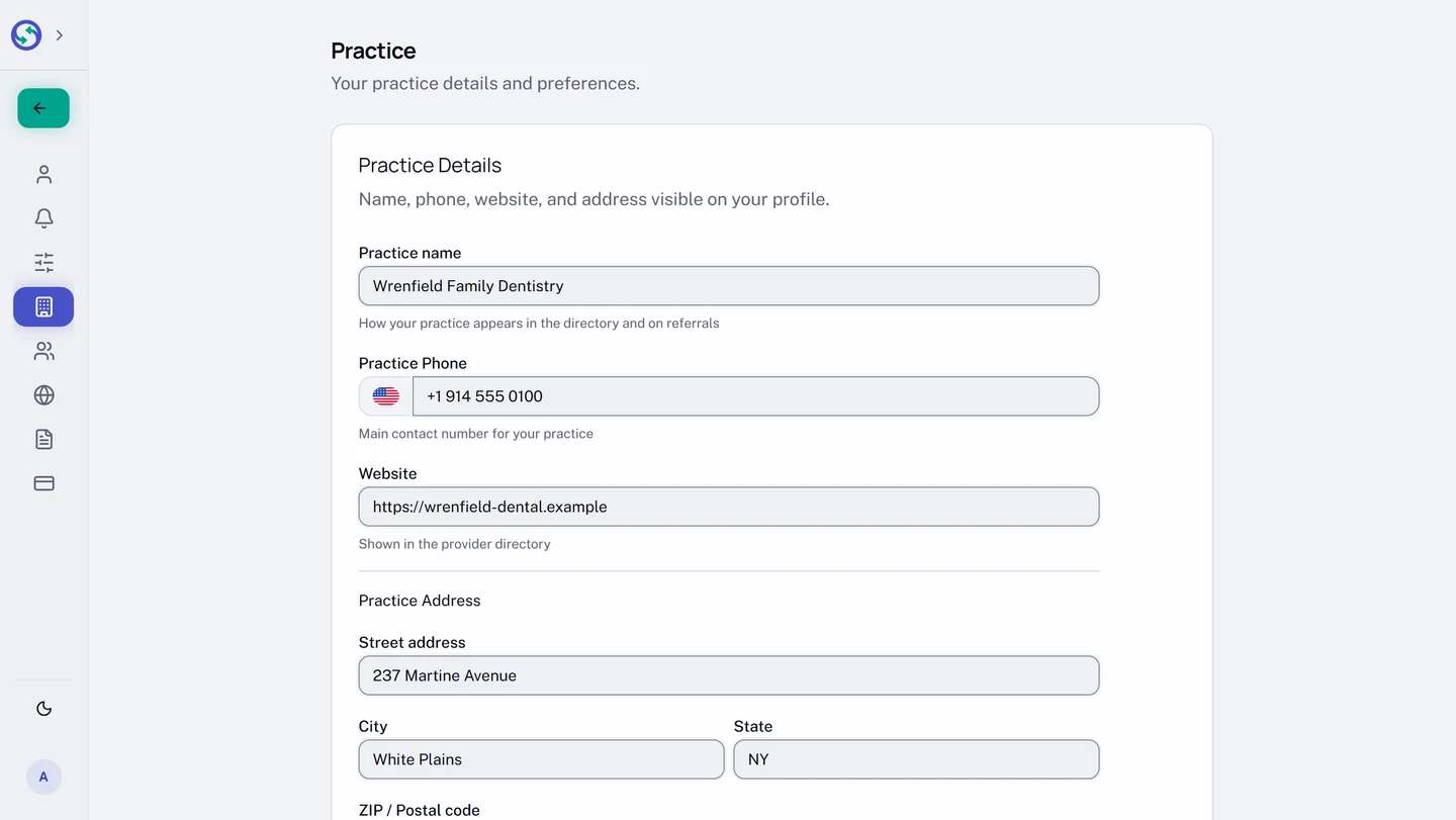 The Practice page with the Practice Details card at the top, described as the name, phone, website, and address visible on your profile. Practice name, Practice Phone, and Website are filled in, each with a line saying where it appears, and Practice Address follows with Street address, City, and State.