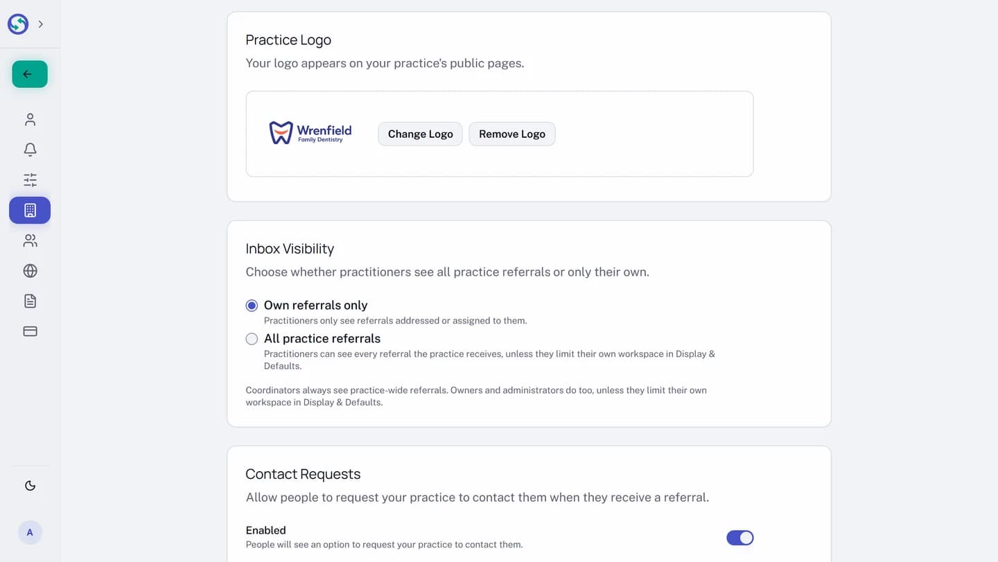The Practice Logo card, described as the logo that appears on the public pages of your practice. The logo already in place sits beside a Change Logo button and a Remove Logo button.