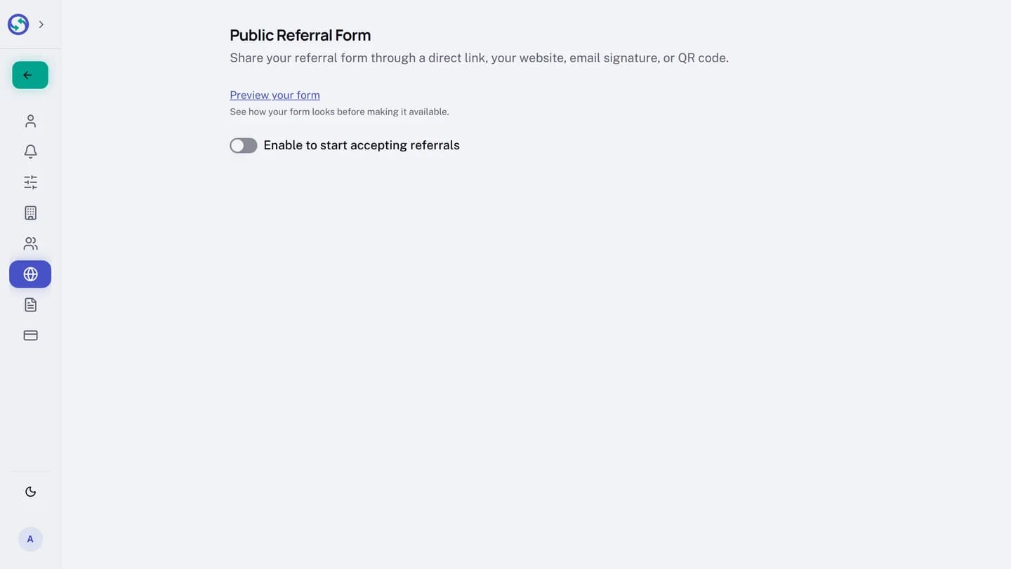 The Public Referral Form settings page before the form has been turned on. Under the page title and its line about sharing the form by link, website, email signature, or QR code, a Preview your form link sits above a switch, currently off, labelled Enable to start accepting referrals.