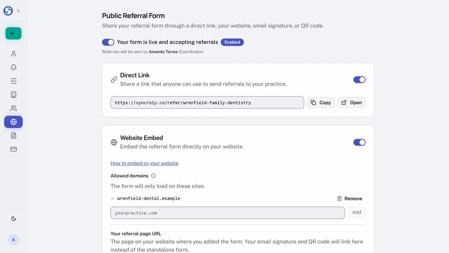 The same settings page with the form live. The switch is on beside the words Your form is live and accepting referrals and an Enabled badge, and a line below reads Referrals will be sent to, naming the practice coordinator and her role. Under it, a Direct Link card holds the form address in a read-only box with Copy and Open buttons beside it, and a Website Embed card follows with its own switch on, a How to embed on your website link, and the start of its Allowed domains list.