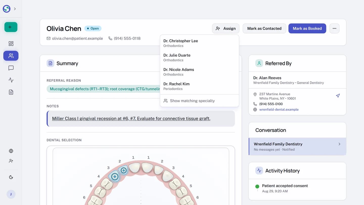 A received referral with the Assign panel open beside the patient name, listing four clinicians at the practice with their specialties, and a Show matching specialty control below the list for narrowing back to the clinicians who match the referral.