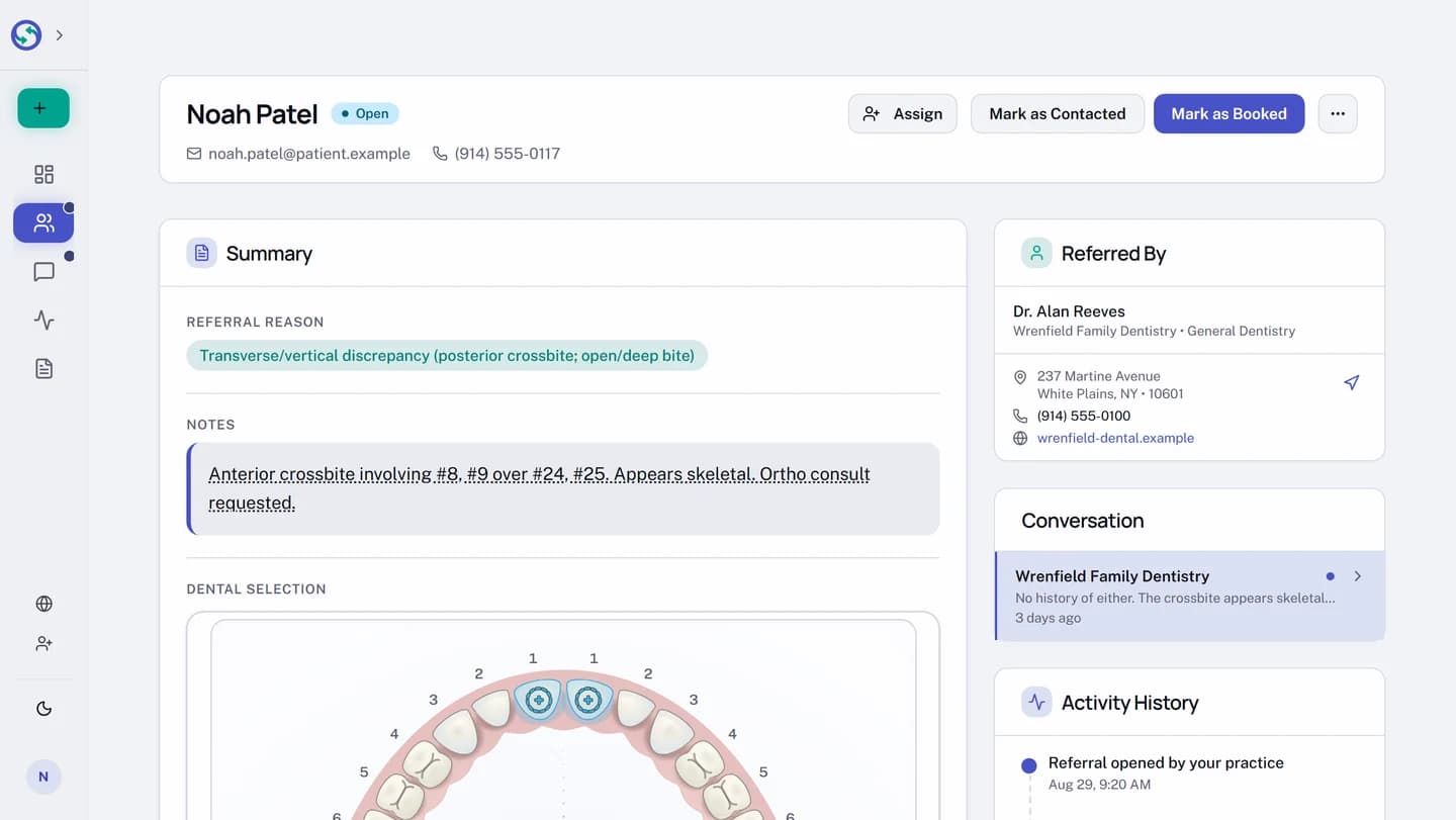 A received referral opened by the receiving practice, with the patient contact details, the reason for referral, the referring practice notes, a tooth chart, and the actions to record contact and booking.