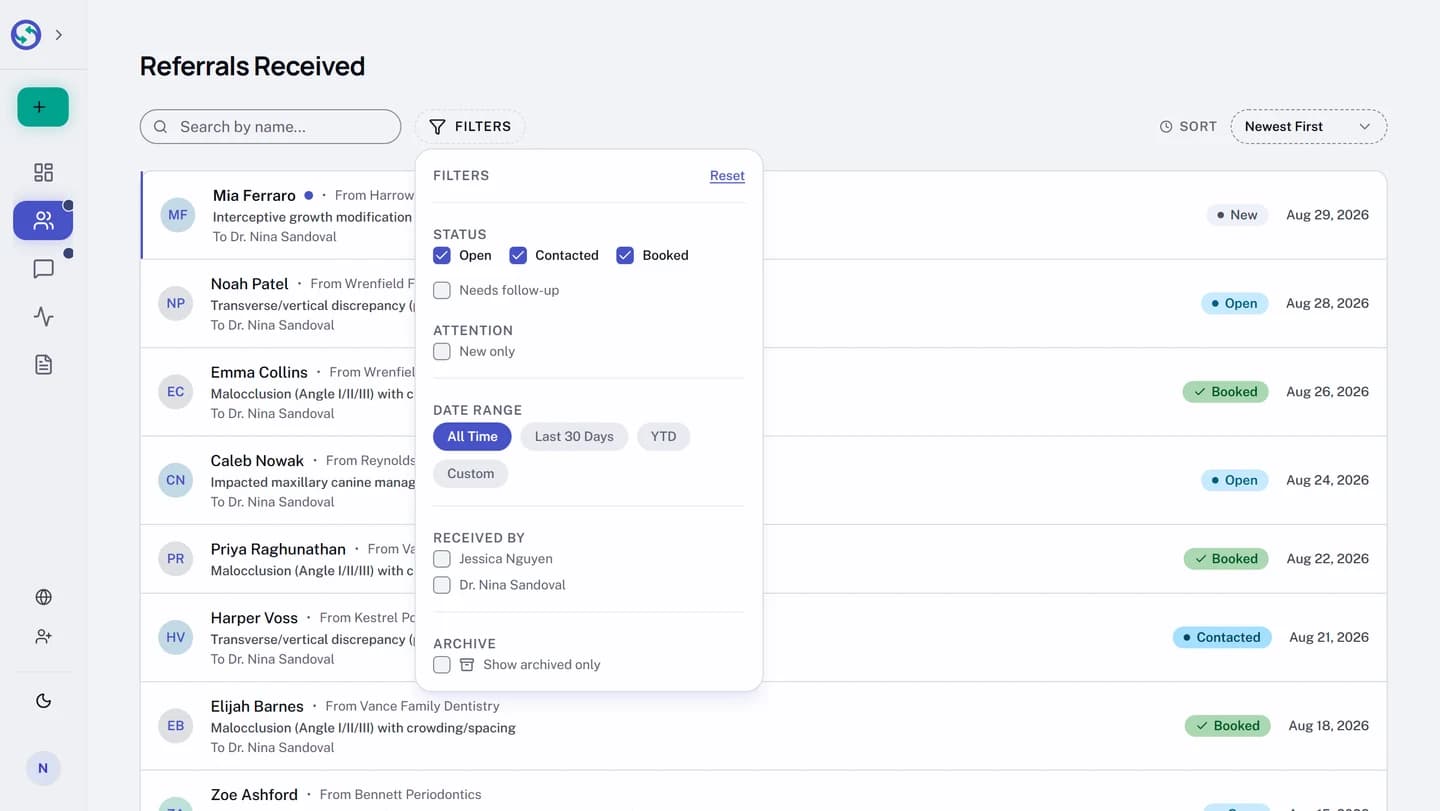 The Filters panel open above the Received list, with a Status group offering Open, Contacted, Booked, and Needs follow-up, an Attention group offering New only, a Date Range selector, an Archive group offering Show archived only, and a Reset control.