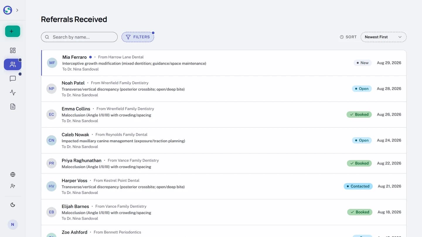 The Received inbox listing eight incoming referrals. Each row names the patient, the referring practice, the reason for the referral, the recipient, the date, and a status of New, Open, Contacted, or Booked.
