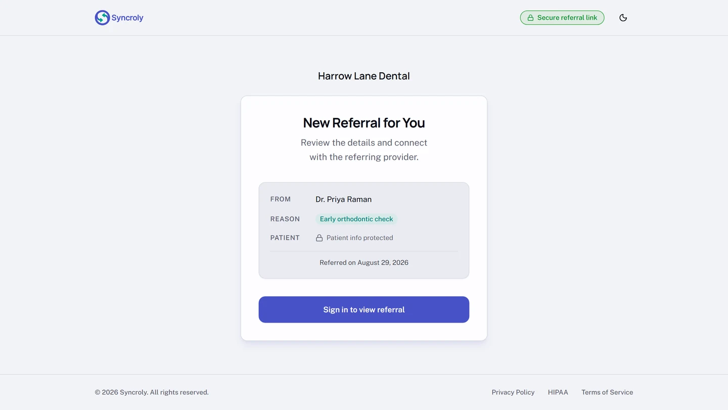 The New Referral for You page a receiving provider sees from the email link, showing the referring provider, the reason, the date, and a Sign in to view referral button. Patient details are not shown.