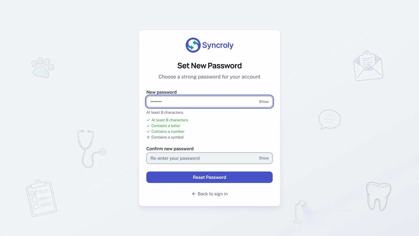 The Set New Password page with a password part-typed. Under New password, a live checklist ticks At least 8 characters, Contains a letter, and Contains a number, and marks Contains a symbol as still missing. A Confirm new password field and a Reset Password button follow.