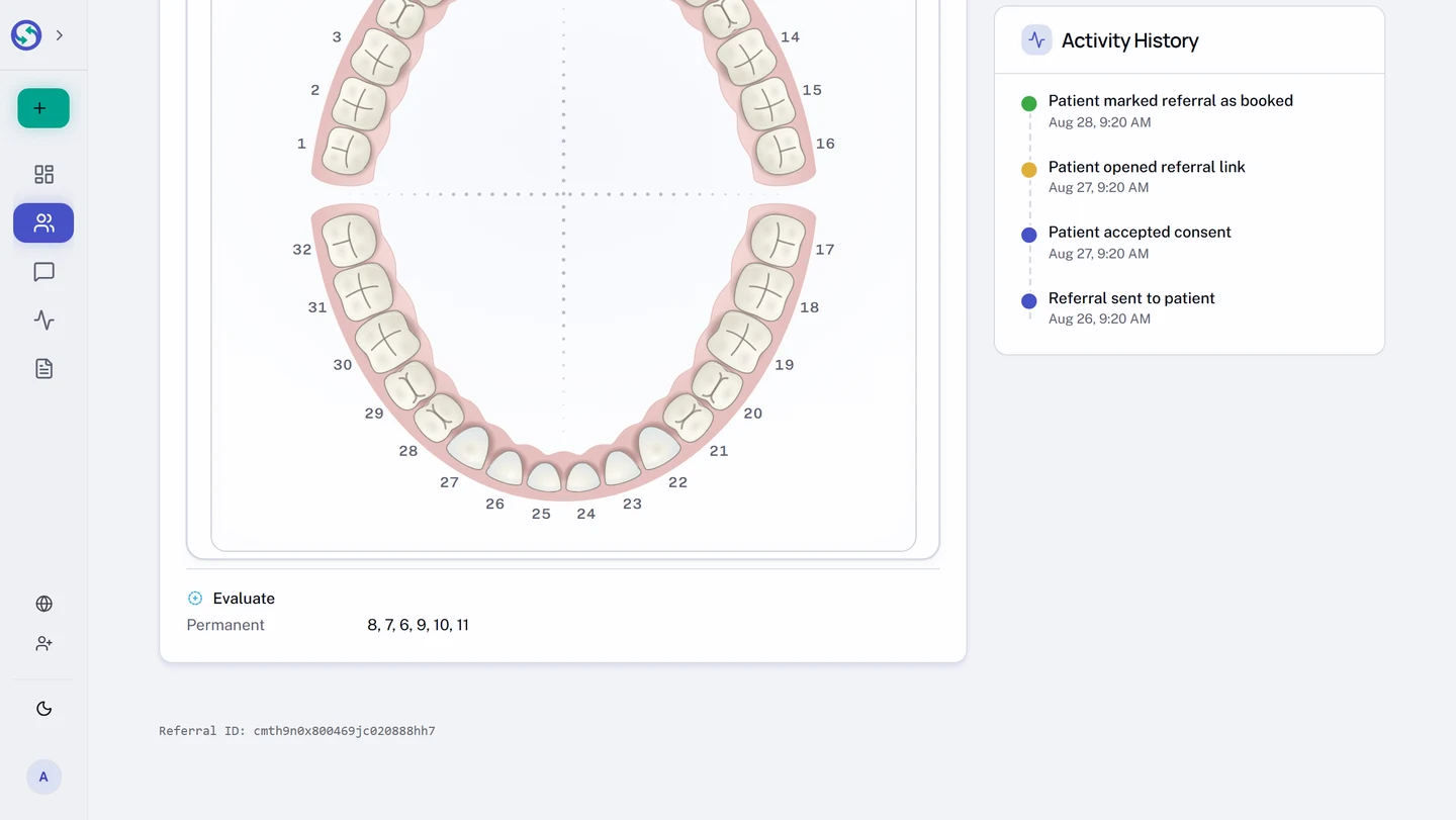 The Activity History card on a sent referral, listing each step with its date and time: the referral sent to the patient, the patient accepting consent, the patient opening the referral link, and the patient marking the referral as booked.