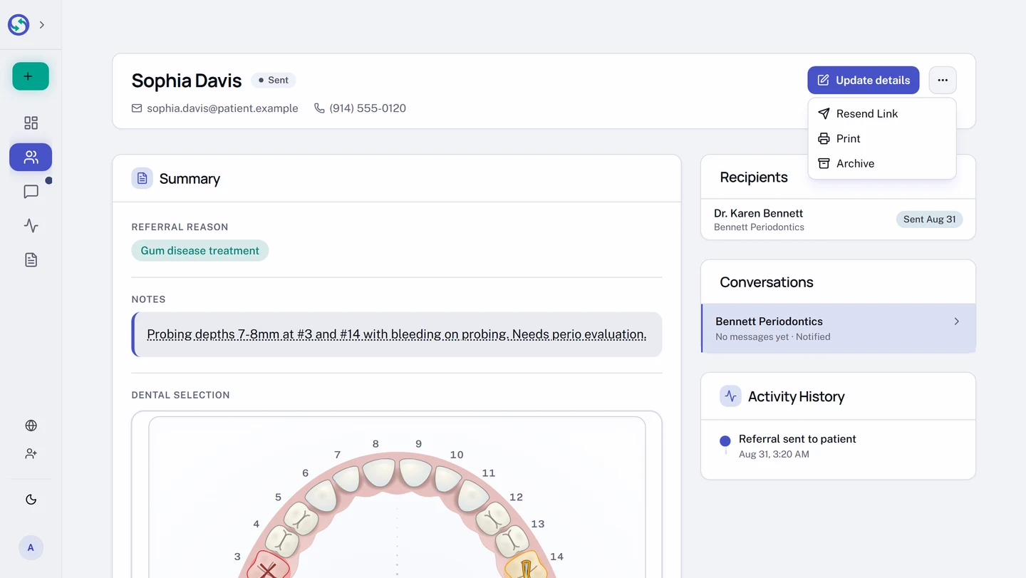 The overflow menu open on a sent referral, offering Resend Link, Print, and Archive.