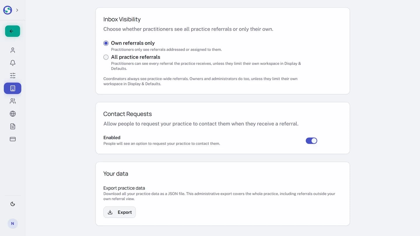 The Inbox Visibility section of practice settings, offering Own referrals only, described as practitioners only seeing referrals addressed or assigned to them, and All practice referrals, described as practitioners seeing every referral the practice receives unless they limit their own workspace in Display and Defaults, above a line saying coordinators always see practice-wide referrals and that owners and administrators do too unless they limit their own workspace.