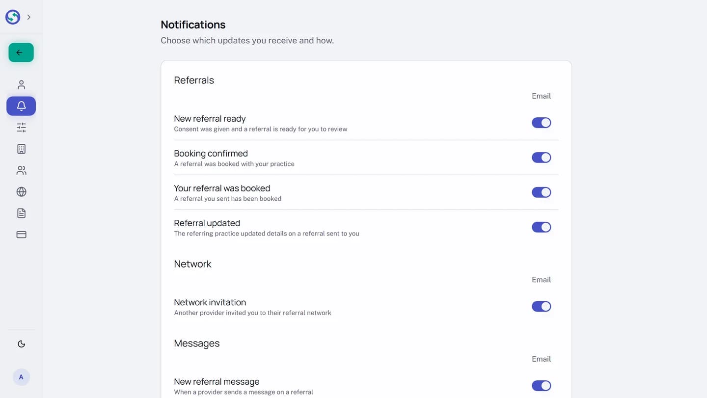 The Notifications preferences page, headed Choose which updates you receive and how. A single Email column of switches runs down the right, all on. The Referrals group holds New referral ready, Booking confirmed, Your referral was booked, and Referral updated, each with a one-line description; the Network group holds Network invitation; and the Messages group begins below it.
