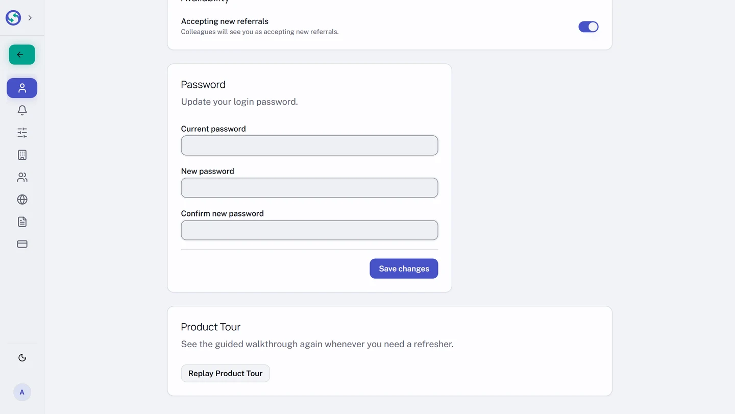 The foot of the Profile & Security page. A Password card holds Current password, New password, and Confirm new password above a Save changes button, and a Product Tour card below it, described as seeing the guided walkthrough again whenever you need a refresher, offers Replay Product Tour.