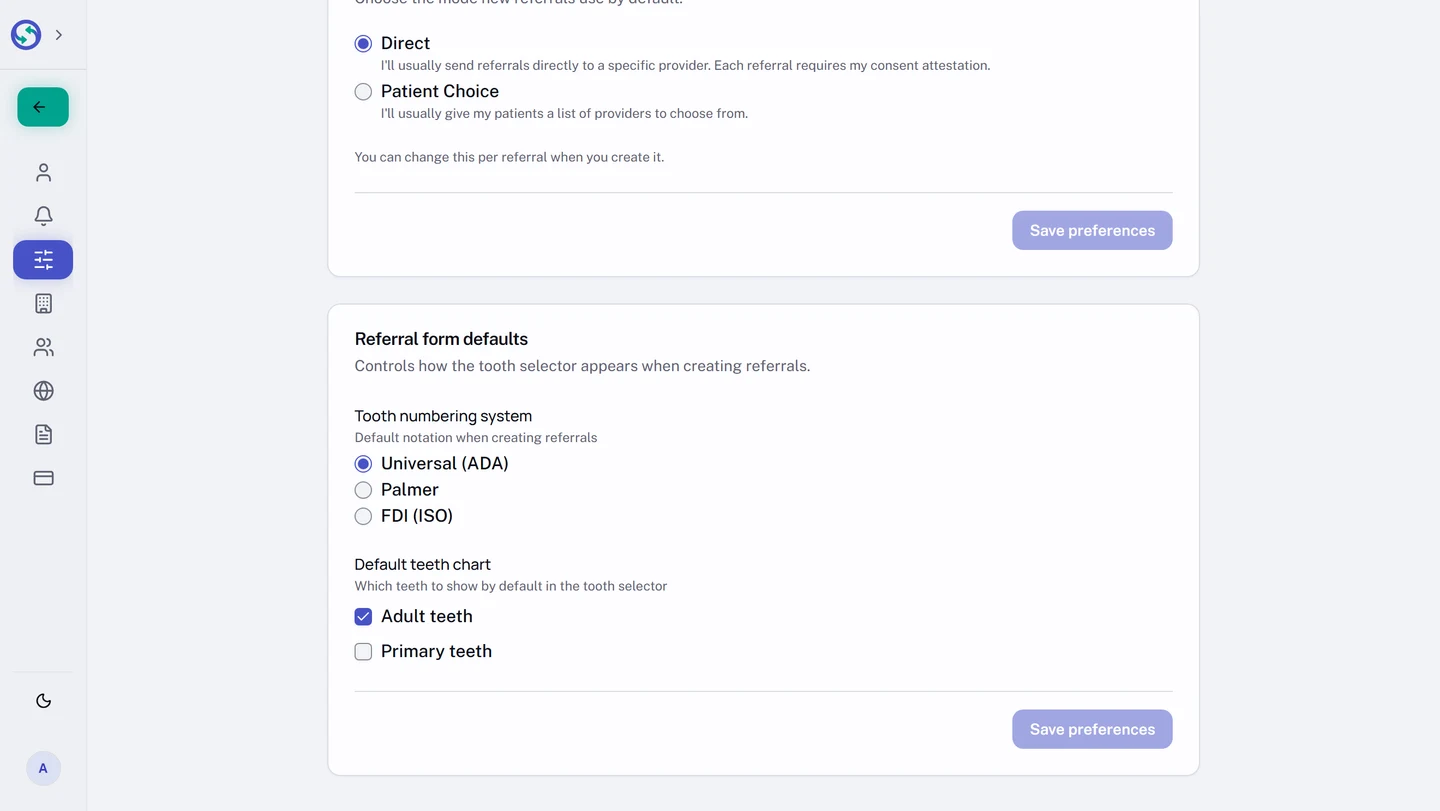 The Referral form defaults card in Display and Defaults settings, offering a Tooth numbering system of Universal (ADA), Palmer, or FDI (ISO) as the default notation when creating referrals, and a Default teeth chart choice of adult or primary teeth.
