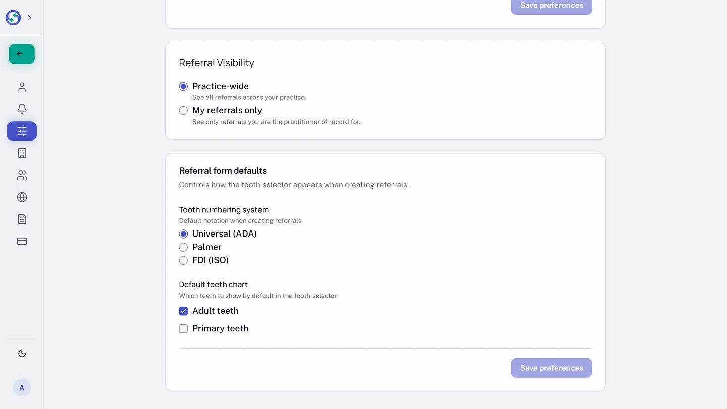The Referral Visibility section on Display and Defaults, offering two choices: Practice-wide, described as seeing all referrals across your practice, and My referrals only, described as seeing only referrals you are the practitioner of record for. Practice-wide is selected.