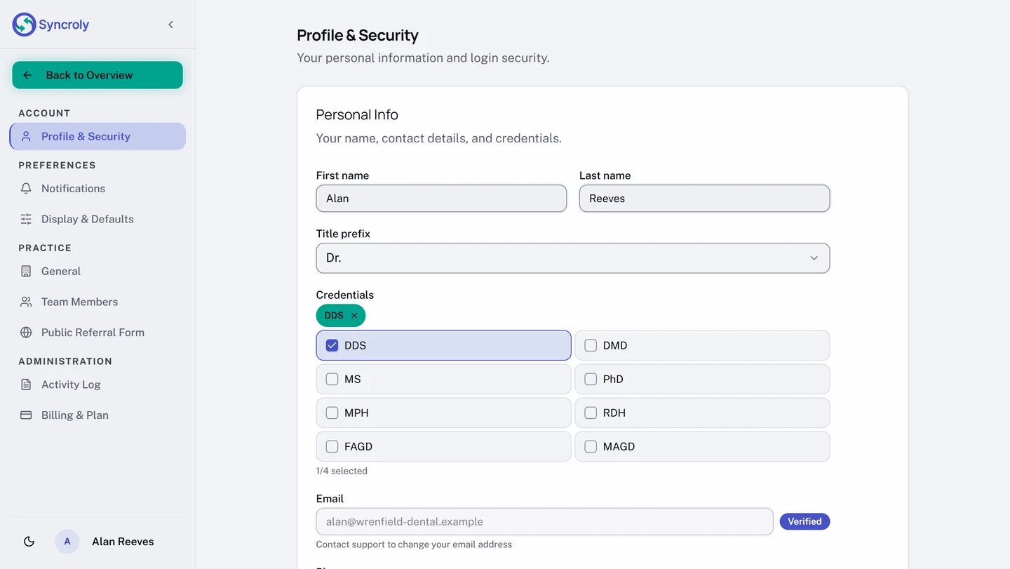 The settings sidebar, open on Profile & Security. Back to Overview sits at the top, then Profile & Security under Account, Notifications and Display & Defaults under Preferences, General, Team Members, and Public Referral Form under Practice, and Activity Log and Billing & Plan under Administration.