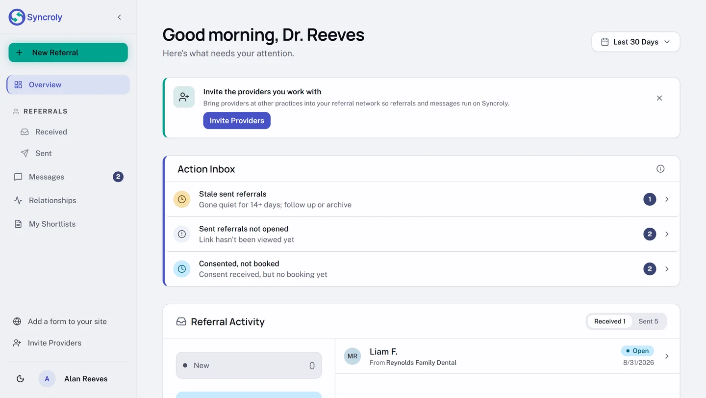The expanded desktop sidebar beside the Overview page. From the top: a New Referral button, Overview, a Referrals group holding Received and Sent, then Messages with a count of unread conversations, Relationships, and My Shortlists. Add a form to your site and Invite Providers sit below them, and the theme switch and the signed-in name sit at the foot.