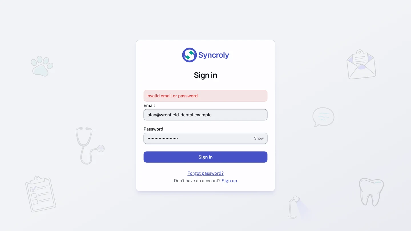 The sign-in page after a failed attempt. A message reading Invalid email or password sits between the heading and the form, and the address and password that were entered are still in their fields.