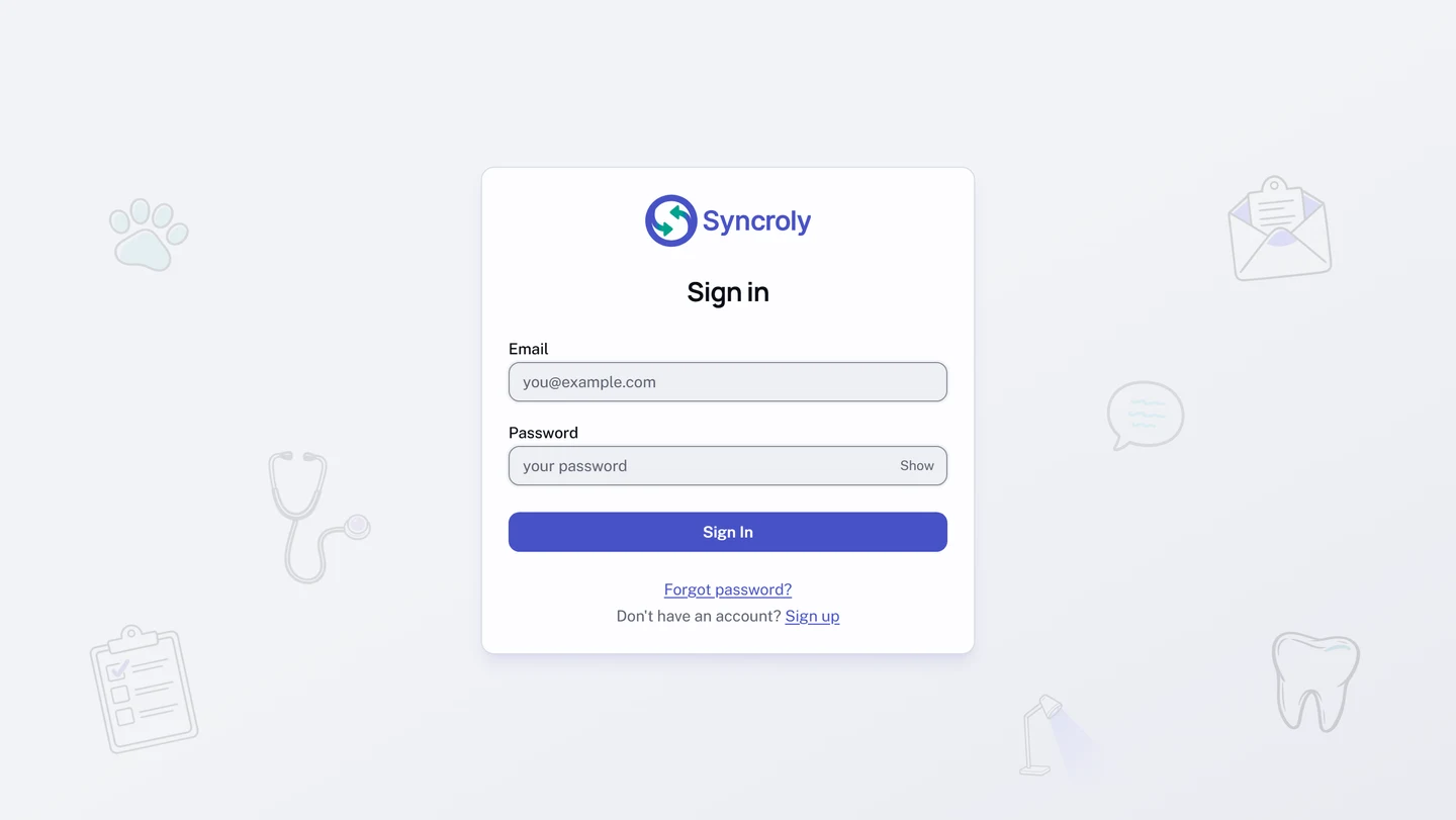 The sign-in page as it opens, with the Syncroly logo above a Sign in heading, an Email field, a Password field carrying a Show control, a Sign In button, a Forgot password? link, and a line offering Sign up to anybody without an account.