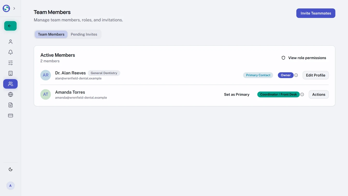 The Team Members page of a two-person practice, on its Team Members tab. The row for the owner carries a Primary Contact badge, an Owner badge, and an Edit Profile button; the row below it offers Set as Primary beside a Coordinator / Front Desk badge and an Actions menu.