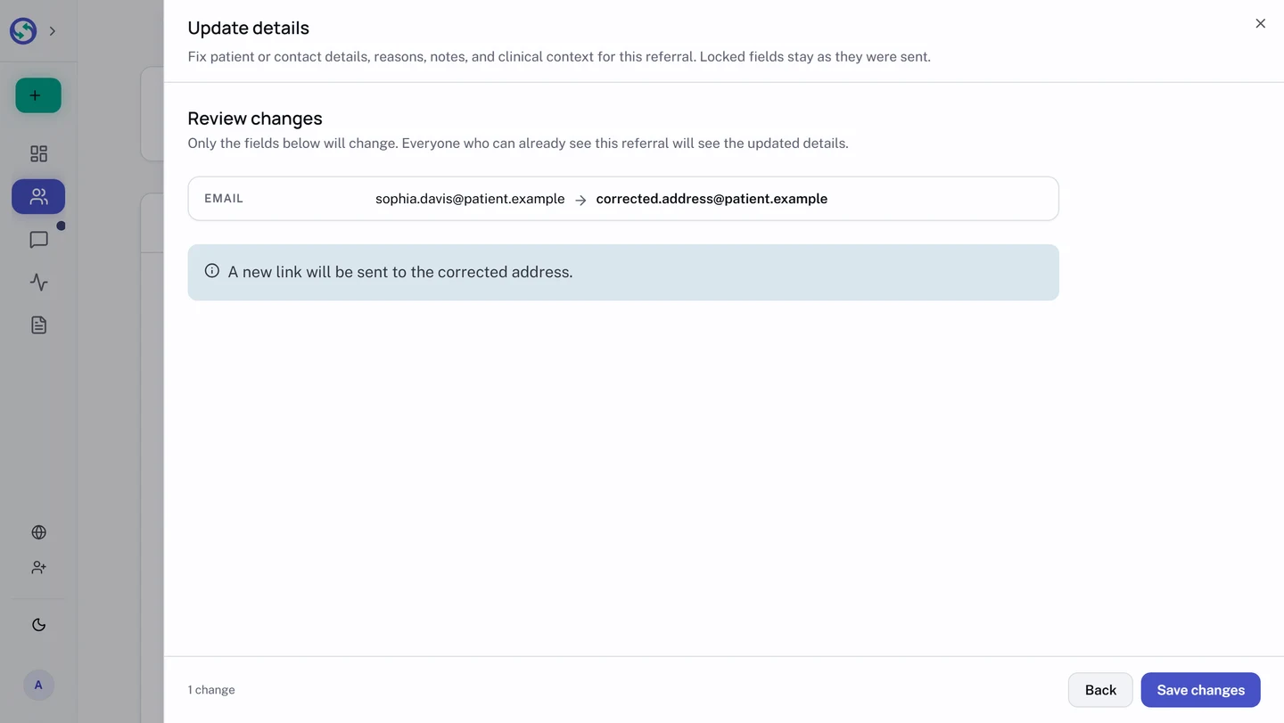 The review stage of the Update details sheet after correcting the patient email. One row names the email field and shows the old address, an arrow, and the corrected address. Above it, a note says only the fields shown will change and that everyone who can already see the referral will see the update; below it, a highlighted notice warns that a new link will be sent to the corrected address. The footer counts one change and offers Back or Save changes.