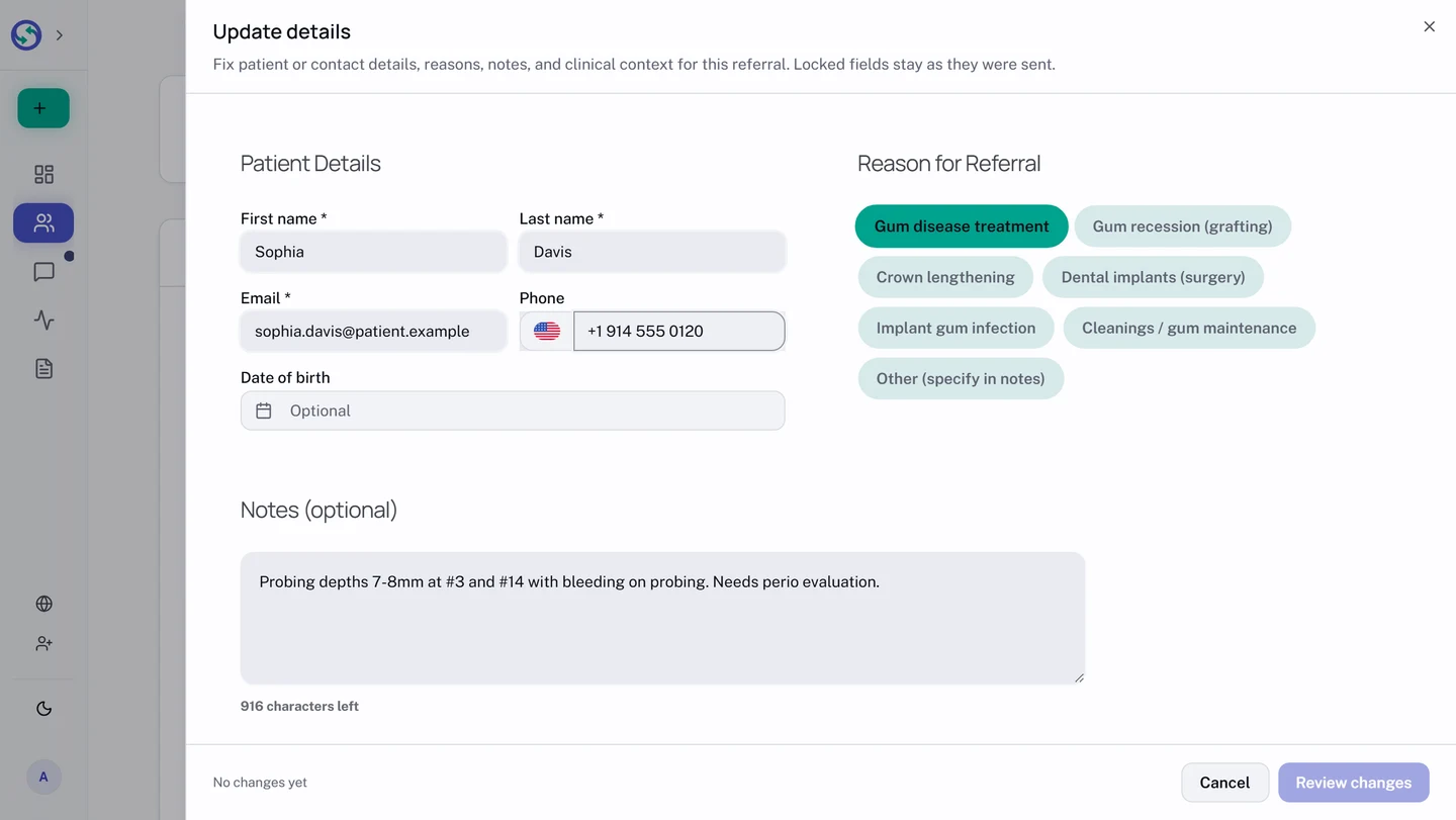 The Update details sheet open over a sent referral, explaining that it fixes patient or contact details, reasons, notes, and clinical context, and that locked fields stay as they were sent. It holds the patient details, the reason chips, the notes, and the clinical context, with a footer offering Cancel and Review changes.