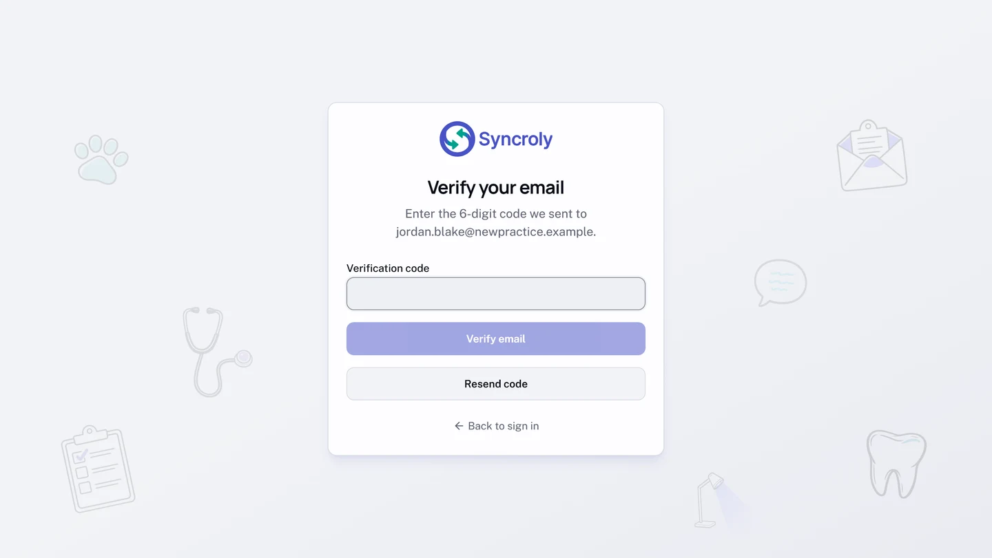 The Verify your email page, saying to enter the 6-digit code sent to the address it names. It holds a Verification code field, a Verify email button that stays inactive until six digits are in it, a Resend code button, and a Back to sign in link.