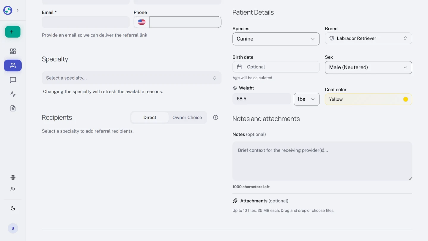 The Patient Details block on a veterinary referral form, filled in for a dog: species Canine, breed Labrador Retriever, an optional birth date, sex Male (Neutered), a weight of 68.5 with a unit of lbs, and a coat colour of Yellow.