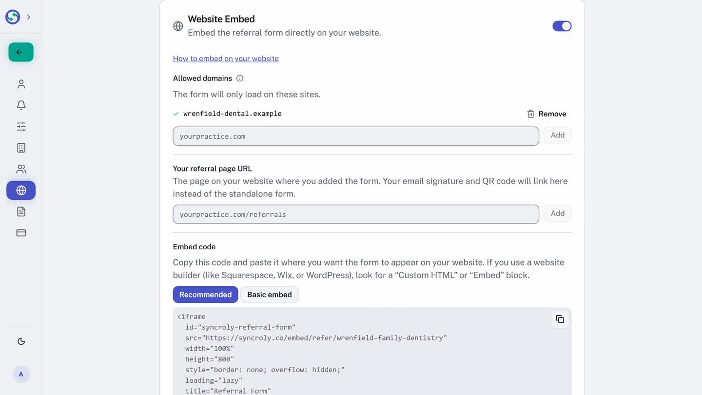 The Website Embed card opened up. A How to embed on your website link sits under the card title, then Allowed domains, listing one approved domain with a Remove button and a box for adding another, then Your referral page URL, then Embed code with a Recommended tab selected beside a Basic embed tab and the start of the iframe snippet below them.