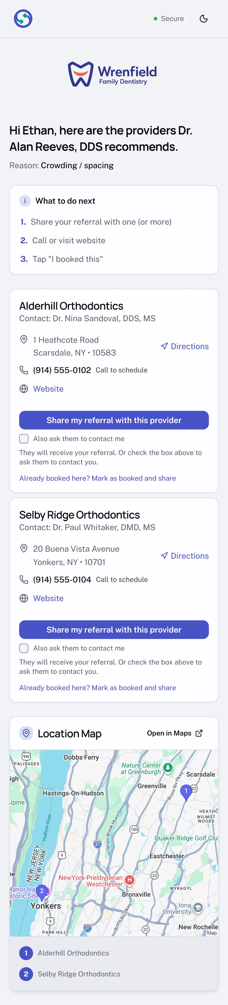 The patient referral page: a secure greeting from the referring practice, the providers it recommends with address, phone and website for each, a button to share the referral, and a location map